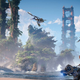 Aloy rides on a machine along a beachside.